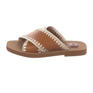 Chloe Brown Leather Slide Sandals with Cream Stitch Trim